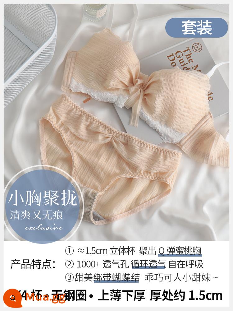 Áo lót nữ màu đỏ cưới cô dâu ngực nhỏ push up bra không gọng thép ôm sát bầu ngực phối ren nhỏ xinh dễ thương - Màu da [Bộ]