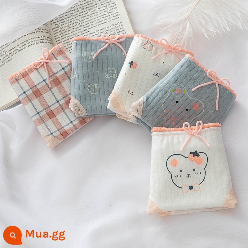 Đồ lót cotton nguyên chất cho bé gái, bé trai lớn, học sinh, quần đùi boxer tam giác trẻ em, bé gái 100% cotton không PP - Gấu bướm kẻ sọc (tam giác 5 múi)