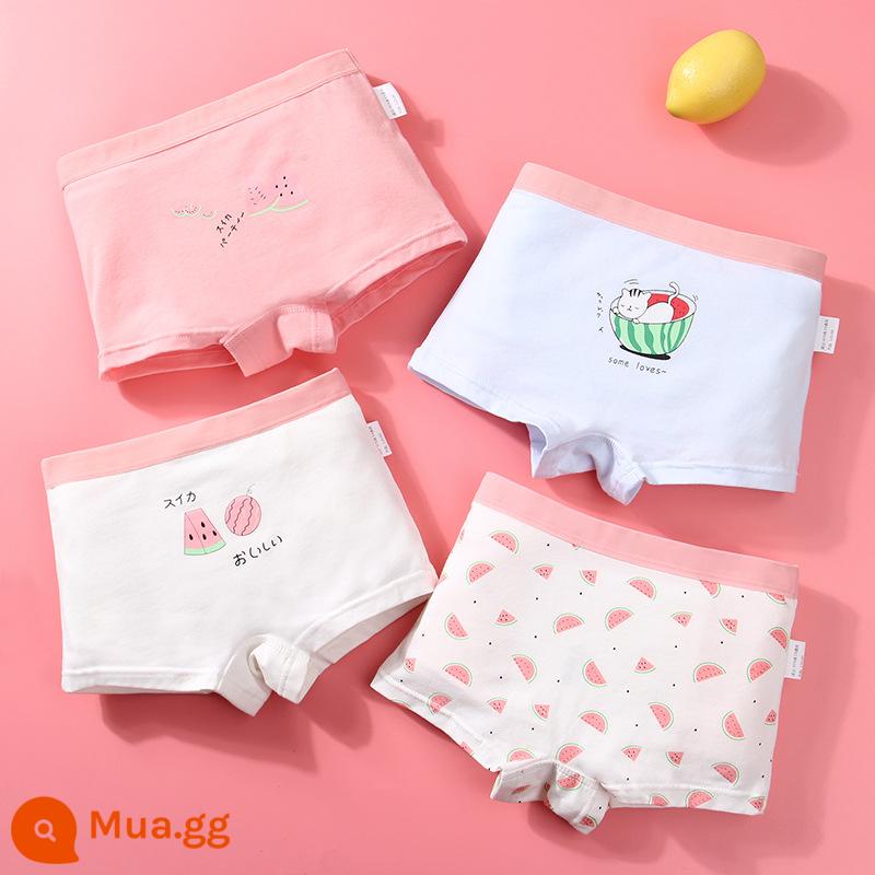 Đồ lót cotton nguyên chất cho bé gái, bé trai lớn, học sinh, quần đùi boxer tam giác trẻ em, bé gái 100% cotton không PP - Mèo Dưa Hấu (4 múi, hình hộp)