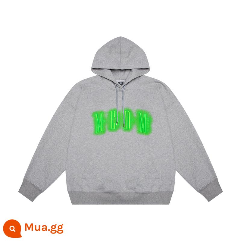 MEDM neon thêu áo thun chui đầu áo hoodie nam mùa thu đông Mỹ cotton dày giản dị cặp đôi người mẫu Wang Hedi cùng phong cách - Màu xám (có sẵn)