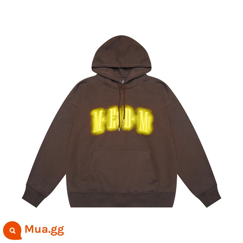 MEDM neon thêu áo thun chui đầu áo hoodie nam mùa thu đông Mỹ cotton dày giản dị cặp đôi người mẫu Wang Hedi cùng phong cách - Màu nâu (có sẵn)