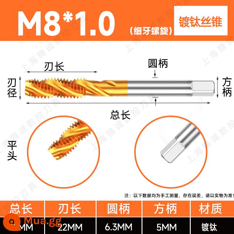 Mũi taro ren mạ titan đầu nhọn xoắn ốc chứa coban bằng thép không gỉ 34M5M6M8M10M12 máy ta rô ren ren nhập khẩu - M8*1.0 (xoắn ốc răng vàng mịn)