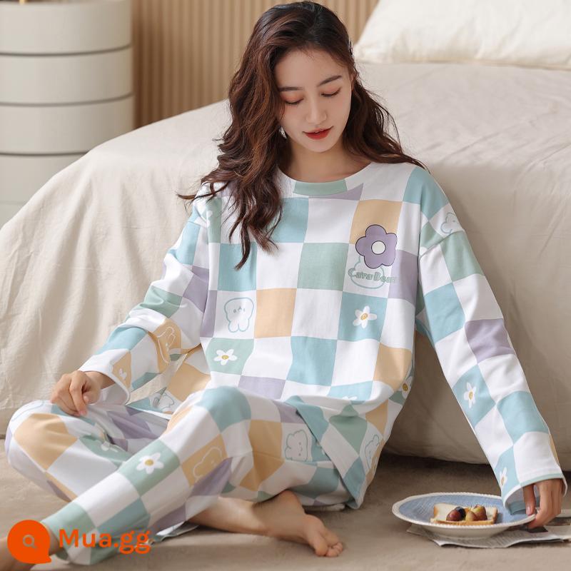 Bộ đồ ngủ Nanjiren nữ mùa xuân và mùa thu cotton nguyên chất dài tay mùa xuân mới 2023 phần mỏng dễ thương bộ quần áo mặc ở nhà phù hợp với QG - Q53307