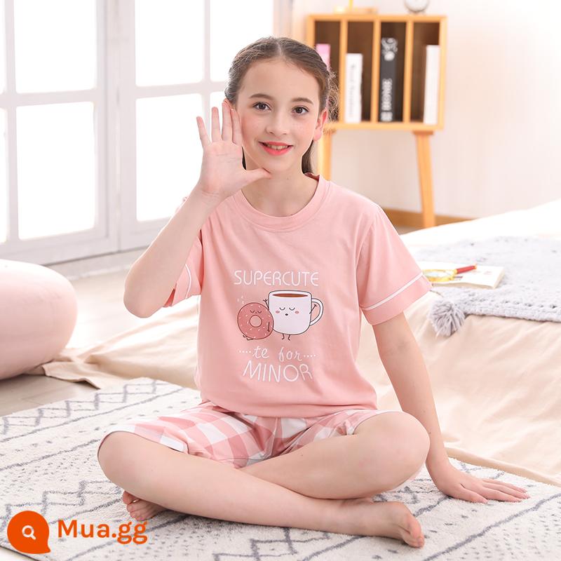 Bộ quần áo ở nhà trẻ em Nanjiren mùa hè mỏng bé trai và bé gái ngắn tay cotton nguyên chất quần áo có điều hòa bộ đồ ngủ trẻ em JW - tách trà hồng