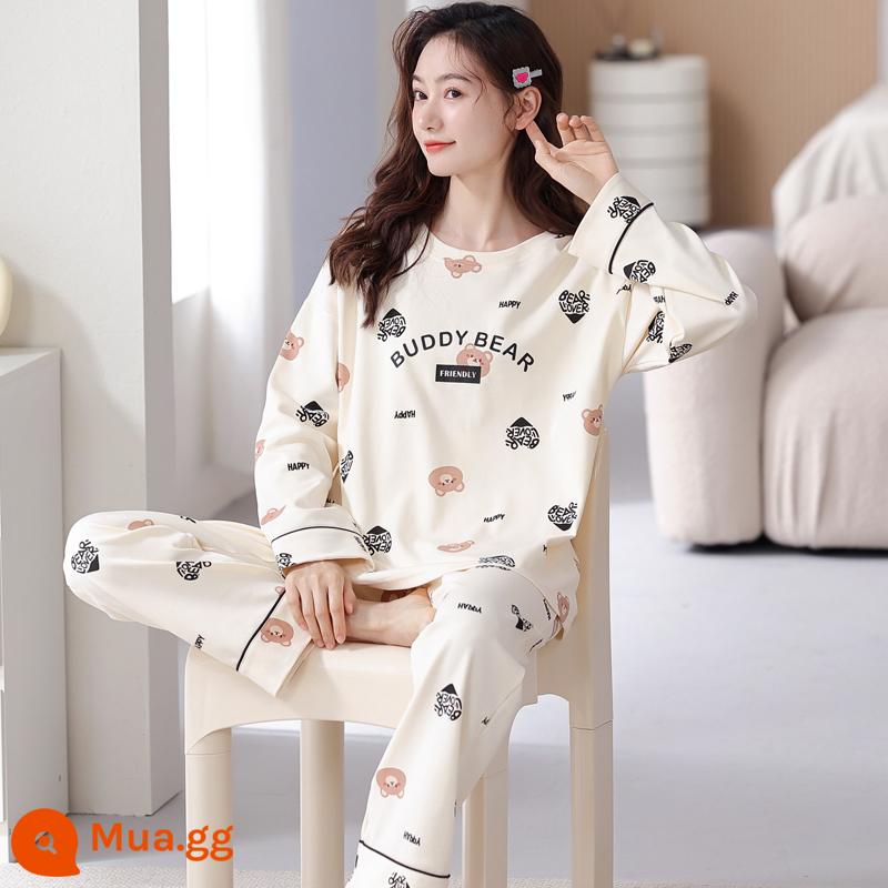 Bộ đồ ngủ Nanjiren nữ mùa xuân và mùa thu cotton nguyên chất dài tay mùa xuân mới 2023 phần mỏng dễ thương bộ quần áo mặc ở nhà phù hợp với QG - Q53305