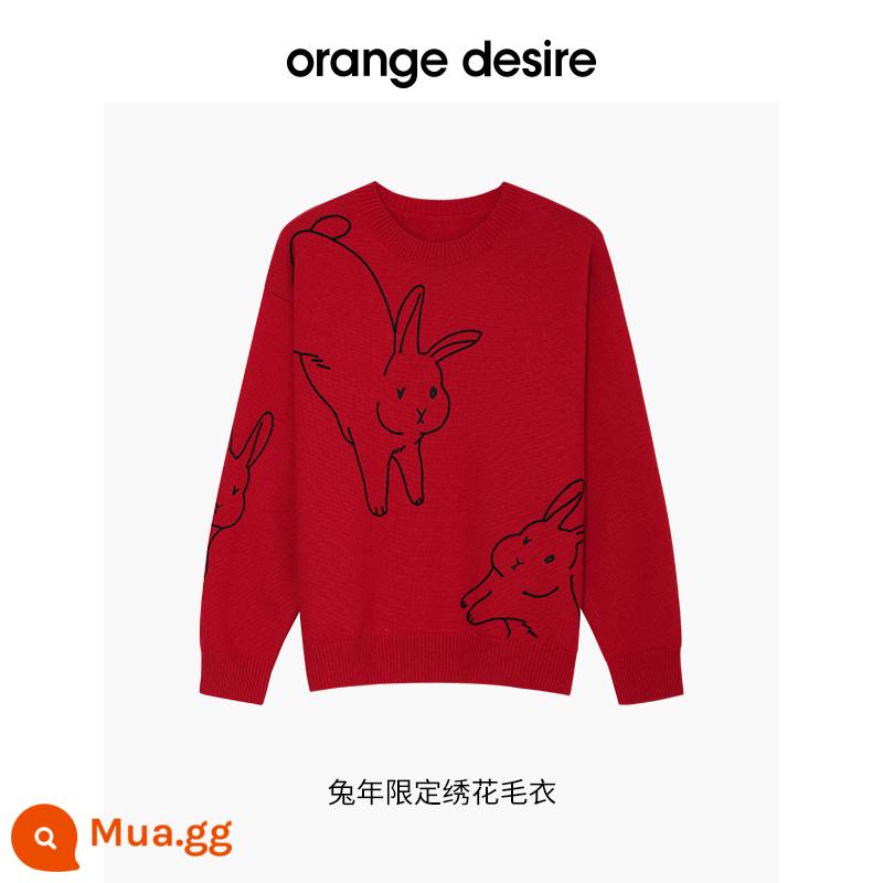 Orange Desire Cổ Tròn Áo Len Chui Đầu Nữ Thu Đông 2022 Năm Mới Của Thỏ Hạn Chế Rời Áo Lười - Màu đỏ - nhung đỏ