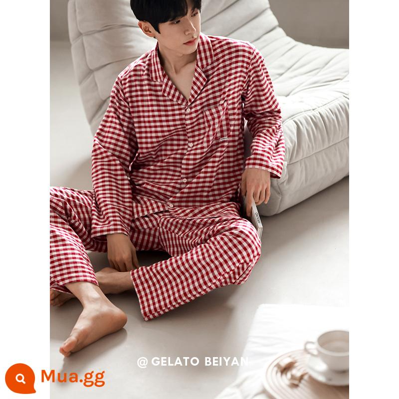 Bei Yan cưới cặp đôi đồ ngủ nữ mùa xuân và mùa thu cotton mềm mại dài tay quần áo mặc ở nhà kẻ sọc đơn giản nam size lớn phù hợp với - C20224 Quần áo nam