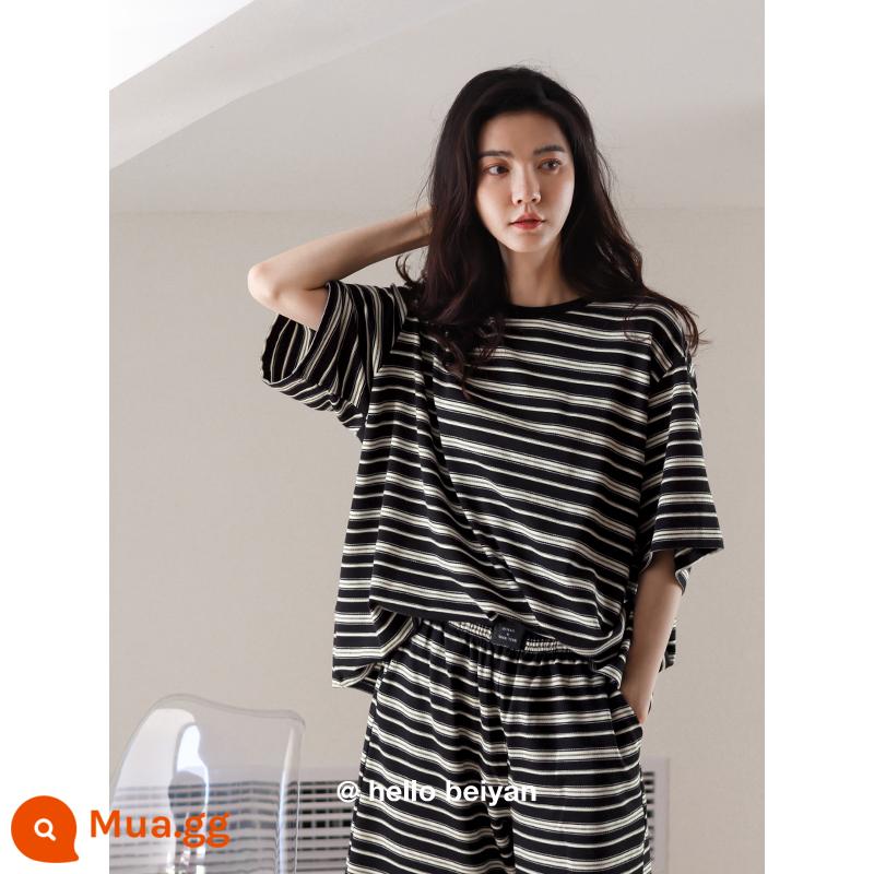 Beiyan cotton mùa hè tay ngắn cặp đôi đồ ngủ nữ quần short sọc size lớn phục vụ tại nhà nam cotton thoáng mát phù hợp với - Quần áo nữ D10110