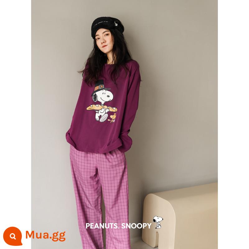 Bộ đồ ngủ Beiyan Snoopy dành cho nữ xuân thu quần áo mặc ở nhà dài tay bằng vải cotton mềm mại mới có thể mặc bên ngoài bộ đồ quần cỡ lớn - Màu C20433