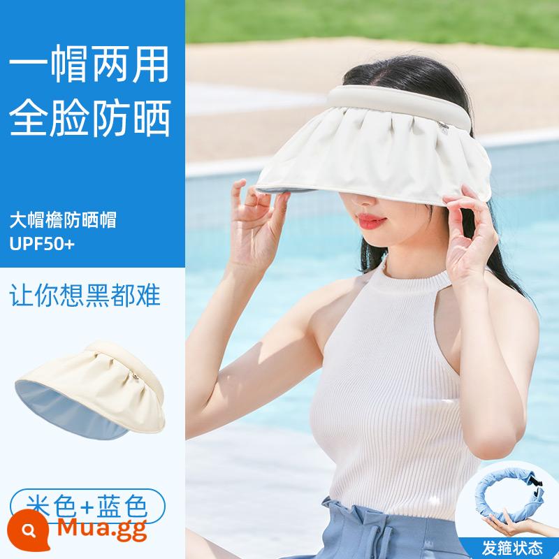 UPF50 + Mũ Chống Nắng Mùa Hè Nữ Chống Tia UV Trống Trên Mũ Chống Nắng Tất Cả Trận Đấu Che Mặt Băng Che Nắng vỏ Nón - Đế màu be + xanh lam (kiểu băng đô) [Miễn phí dây chống gió, thẻ kiểm tra tia UV miễn phí]