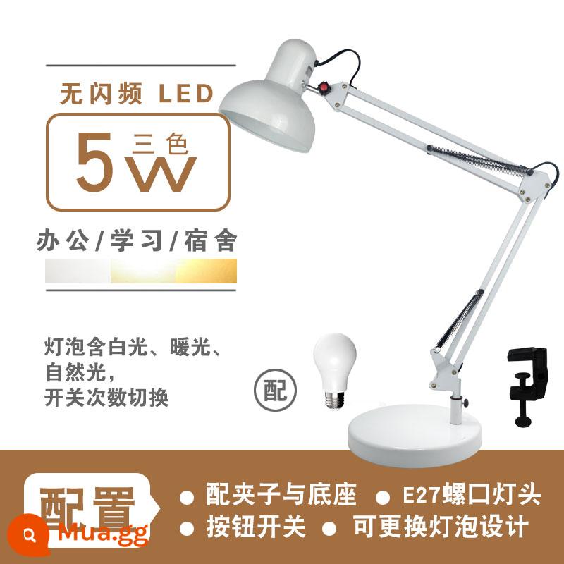 Đèn LED Để Bàn Cánh Tay Dài Gấp Mỹ Kẹp Bảo Vệ Mắt Đầu Giường Nghiên Cứu Công Việc Làm Móng Tay Sửa Hình Xăm Thêu Chụp Trực Tiếp - Model đế lớn màu trắng (đèn LED 5w ba màu không nhấp nháy)