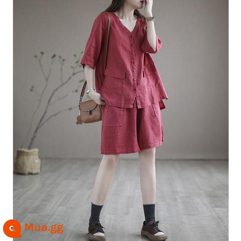 Ga Châu Âu Cotton Và Quần Short Linen Phù Hợp Với Nữ Mùa Hè Cổ Chữ V Linen Top Nữ Ngắn Tay Áo Sơ Mi Gai Thường Ngày 2 Mảnh - màu đỏ