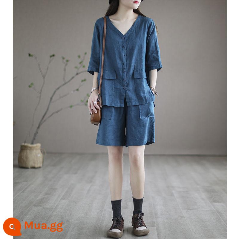 Ga Châu Âu Cotton Và Quần Short Linen Phù Hợp Với Nữ Mùa Hè Cổ Chữ V Linen Top Nữ Ngắn Tay Áo Sơ Mi Gai Thường Ngày 2 Mảnh - màu xanh da trời