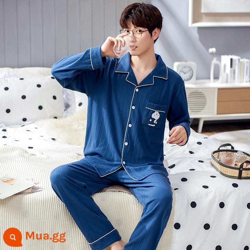 Bộ đồ ngủ nam mùa xuân và mùa thu áo cardigan dài tay cotton nguyên chất cỡ lớn rộng rãi thanh thiếu niên có thể mặc bộ quần áo ở nhà mùa thu đông - Bộ áo len đan QY21136