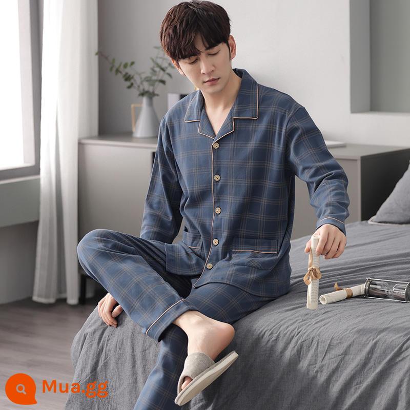 Bộ đồ ngủ nam mùa xuân và mùa thu áo cardigan dài tay cotton nguyên chất cỡ lớn rộng rãi thanh thiếu niên có thể mặc bộ quần áo ở nhà mùa thu đông - Bộ áo len LS7201