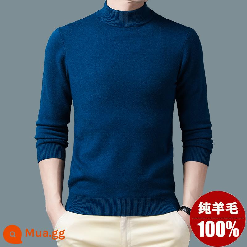 Ordos Thu Đông 100% Nguyên Chất Áo Len Nam Cổ Cao Nửa Áo Len Dày Ấm Dệt Kim Cashmere Lưng - áo cổ lọ màu xanh/nửa