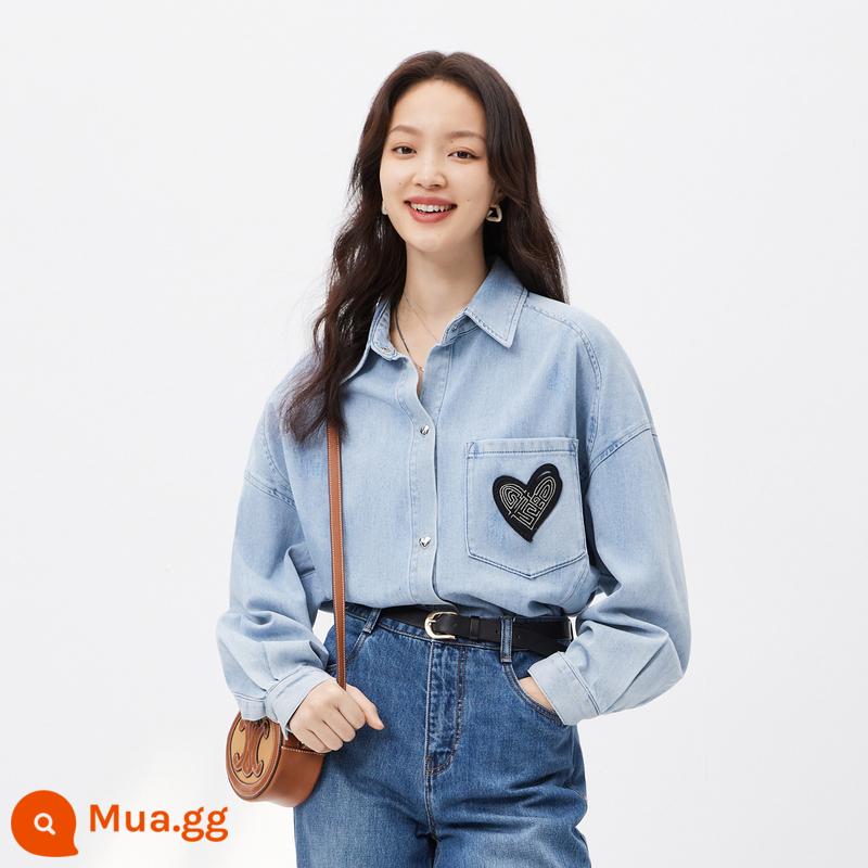 Disenis Mùa Xuân 2023 Áo Sơ Mi Mới Áo Khoác Màu Xanh Tình Yêu Thiết Kế Cảm Giác Dài Tay Áo Sơ Mi Denim Nữ - màu xanh da trời