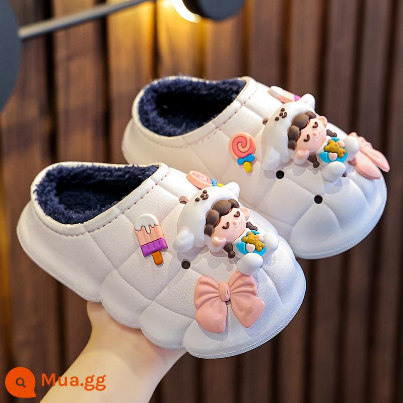 Trẻ Em Giày Cotton Mùa Đông Bé Gái Hoạt Hình Túi Nhà Với Trong Nhà Chống Thấm Nước Mặc Ngoài Chống Trơn Trượt Ấm Bé Trai Dép Đi Trong Nhà - Trắng