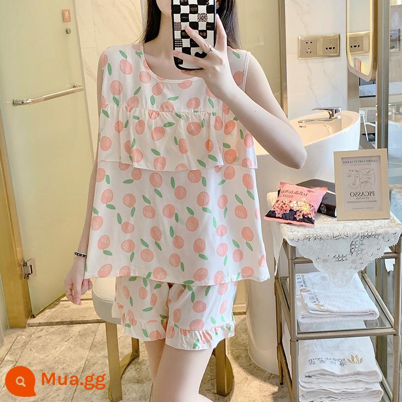 Bộ đồ ngủ chống va đập mùa hè của phụ nữ cotton lụa siêu mỏng mùa hè vest quần short không tay phù hợp với dịch vụ gia đình sinh viên - Áo vest chống phồng nhỏ màu cam