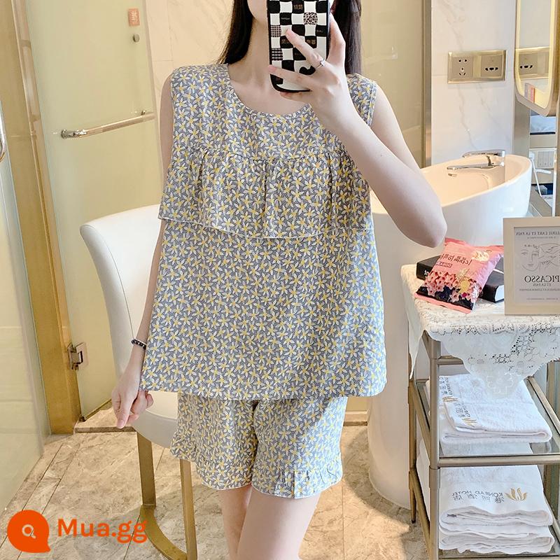 Bộ đồ ngủ chống va đập mùa hè của phụ nữ cotton lụa siêu mỏng mùa hè vest quần short không tay phù hợp với dịch vụ gia đình sinh viên - Áo sao biển chống lồi