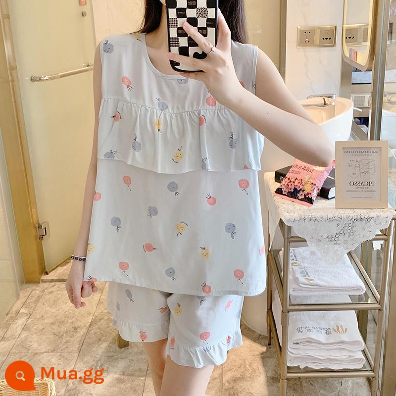 Bộ đồ ngủ chống va đập mùa hè của phụ nữ cotton lụa siêu mỏng mùa hè vest quần short không tay phù hợp với dịch vụ gia đình sinh viên - Áo vest chống phồng màu xanh nhạt cà rốt