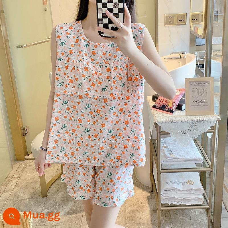 Bộ đồ ngủ chống va đập mùa hè của phụ nữ cotton lụa siêu mỏng mùa hè vest quần short không tay phù hợp với dịch vụ gia đình sinh viên - Áo chống va đập có hoa trắng nhạt