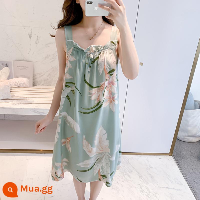 Bộ đồ ngủ cotton lụa treo quần áo ngủ nữ mùa hè băng lụa mát lạnh cô gái sinh viên ngọt ngào và dễ thương mùa hè lụa cotton gợi cảm - 669 Áo Ngủ Hoa Thủy Tiên Xanh