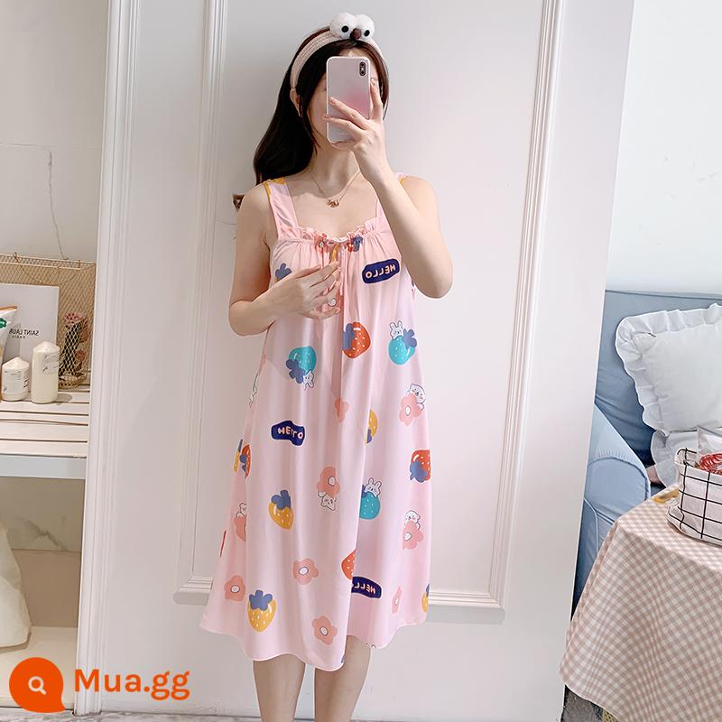 Bộ đồ ngủ cotton lụa treo quần áo ngủ nữ mùa hè băng lụa mát lạnh cô gái sinh viên ngọt ngào và dễ thương mùa hè lụa cotton gợi cảm - 669 hoa dâu