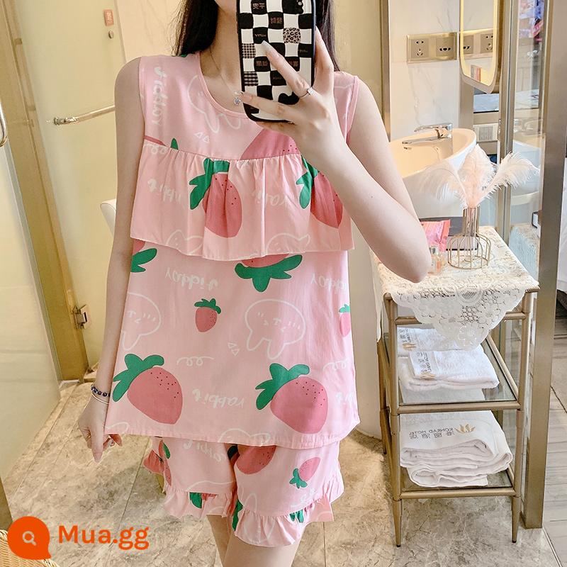 Bộ đồ ngủ chống va đập mùa hè của phụ nữ cotton lụa siêu mỏng mùa hè vest quần short không tay phù hợp với dịch vụ gia đình sinh viên - Áo vest nam việt quất chống phồng