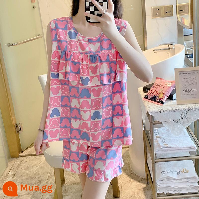 Bộ đồ ngủ chống va đập mùa hè của phụ nữ cotton lụa siêu mỏng mùa hè vest quần short không tay phù hợp với dịch vụ gia đình sinh viên - Áo vest chống phồng họa tiết Mickey hồng hồng