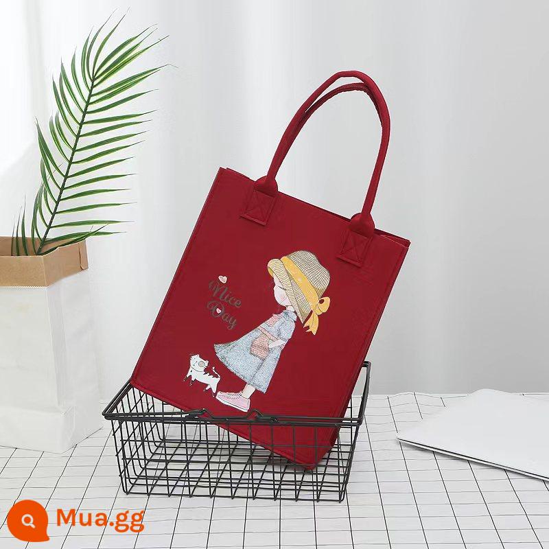 Túi nỉ gấu màu tương phản in hình hoạt hình túi xách cầm tay đa năng 26×30×10cm - Màu sắc: đỏ tía