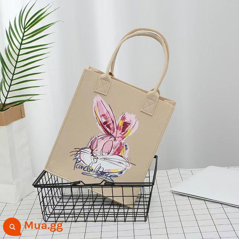 Túi nỉ gấu màu tương phản in hình hoạt hình túi xách cầm tay đa năng 26×30×10cm - Màu sắc: kaki