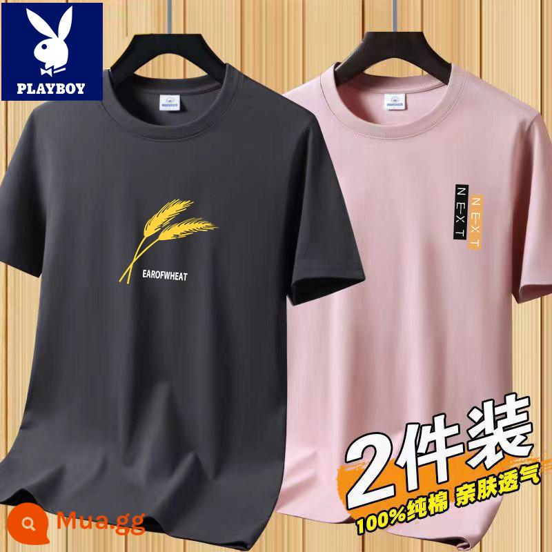 Áo thun tay ngắn Playboy nam mùa hè mới Áo thun cotton trắng nam cổ tròn top đáy áo sơ mi xu hướng - [2 chiếc 832 xám đậm + 831 hồng]