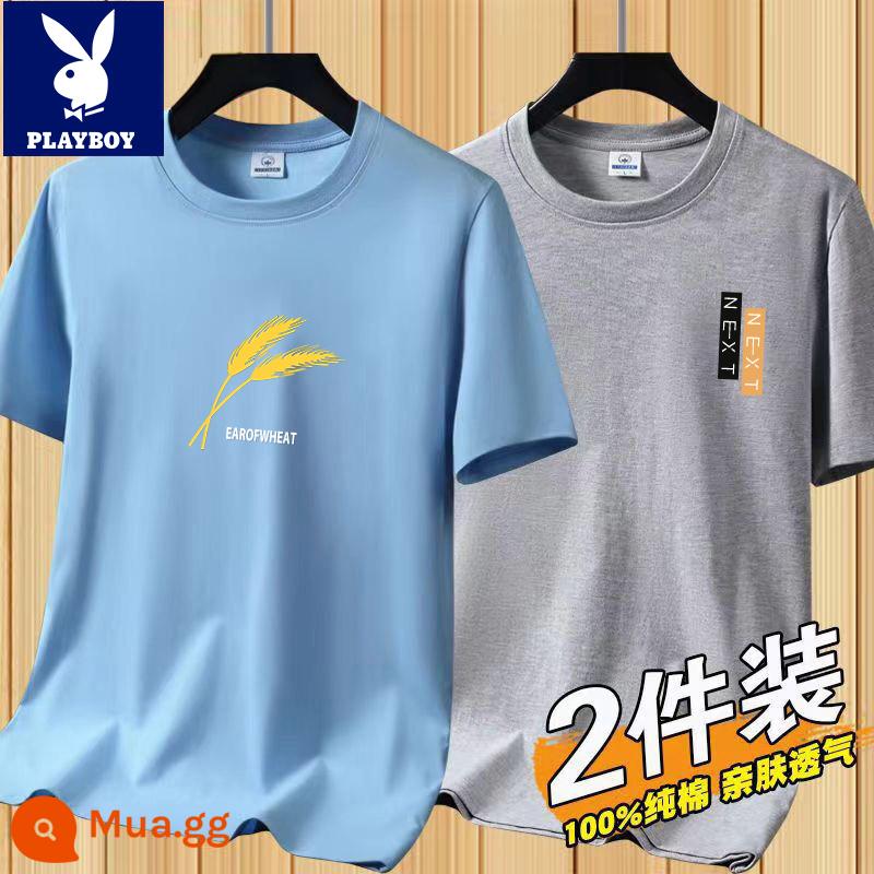 Áo thun tay ngắn Playboy nam mùa hè mới Áo thun cotton trắng nam cổ tròn top đáy áo sơ mi xu hướng - [2 chiếc 832 xám xanh + 831 xám nhạt]