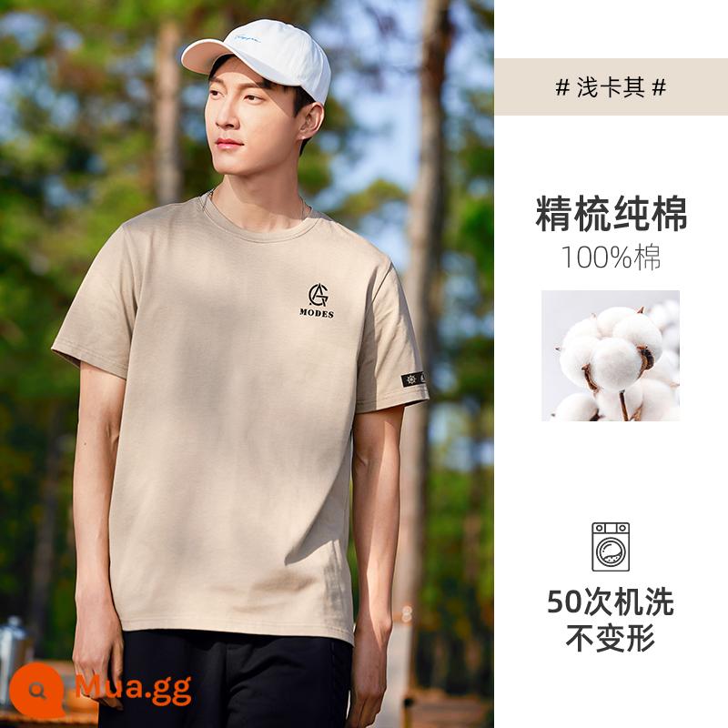 Trailblazer 2023 cotton mùa hè áo thun ngắn tay quần áo nam áo thun nửa tay cổ tròn nửa tay màu xanh - Khaki