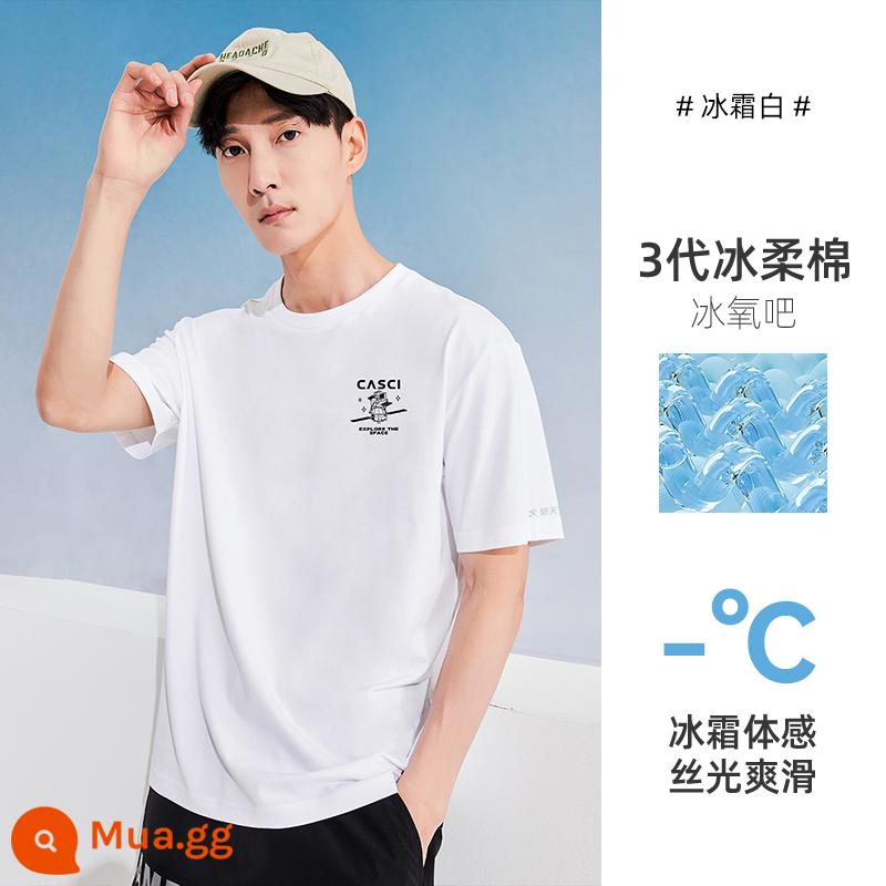 Trailblazer 2023 cotton mùa hè áo thun ngắn tay quần áo nam áo thun nửa tay cổ tròn nửa tay màu xanh - Frost White-Hàng không vũ trụ