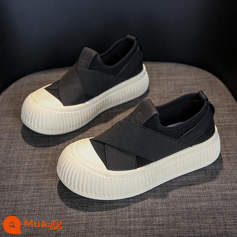 Giày Trắng Nhỏ Cho Nữ Mùa Hè Mới 2023 Giày Thoáng Khí Bánh Quy Giày Vải Slip-on Đế Dày Giày Nữ Giày Thể Thao Tất Cả Các Trận Đấu - đen