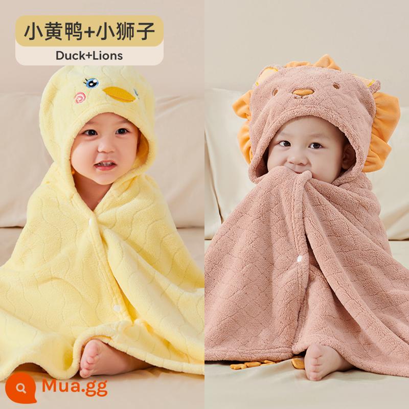 Khăn tắm trẻ em Jingqi Khăn tắm có mũ trùm đầu bằng nhung san hô siêu mềm hơn cotton nguyên chất để tắm cho bé, cả bé trai và bé gái đều mặc được - 2 gói [kiểu có mũ trùm đầu] Vịt Fred + sư tử nhỏ