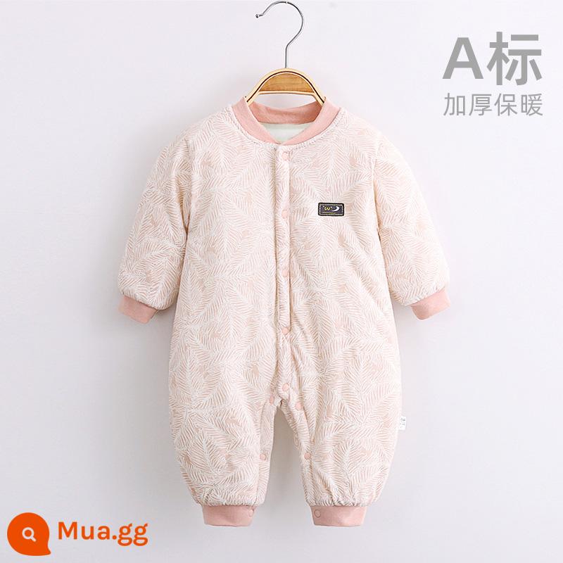 Jingqi quần áo trẻ em mùa thu và mùa đông bông ấm quần áo sơ sinh áo liền quần cotton nguyên chất áo liền quần bé dày quần áo mùa đông - Lá to màu hồng