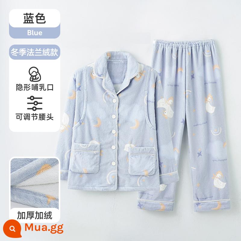 Quần áo ngủ Jingqi, đồ ngủ dành cho bà bầu, bộ đồ cotton nguyên chất sau sinh mùa thu đông, bà mẹ tương lai, bộ quần áo mặc nhà ngỗng - vải flannel màu xanh