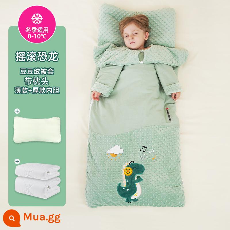 Jingqi túi ngủ cho bé mùa xuân, mùa thu đông cho bé nguyên chất cotton dày chống đá chăn hiện vật trẻ em đa năng đa năng - Mật khủng long có thể tháo rời bằng đá [Mật mỏng kiểu mùa đông + Mật dày Nhiệt độ phòng khuyến nghị 0-10oC] Gối cùng kiểu miễn phí