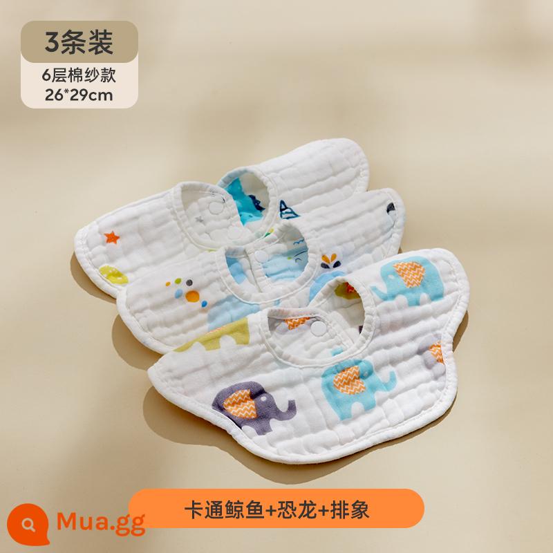 Jingqi bé nước miếng khăn yếm cotton nguyên chất gạc nam nữ chống thấm nước chống nôn yếm yếm có dây đeo mùa thu đông bé sơ sinh yếm - 3 gói sợi cotton 6 lớp [cá voi hoạt hình + khủng long + voi]