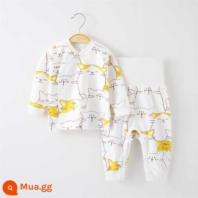 Jingqi Bộ đồ lót cho bé cotton nguyên chất cho bé xuân thu hè 2 mảnh quần áo mùa thu vệ sinh quần cotton trẻ em ở nhà quần áo đồ ngủ - mèo vàng