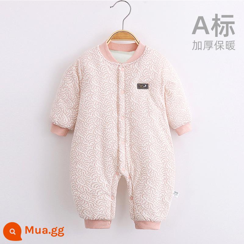 Jingqi quần áo trẻ em mùa thu và mùa đông bông ấm quần áo sơ sinh áo liền quần cotton nguyên chất áo liền quần bé dày quần áo mùa đông - lá nhỏ màu hồng