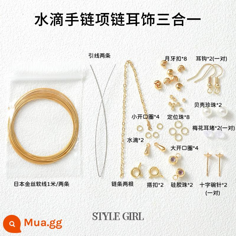 Vàng 14K Đóng Gói Kéo Loại Tay Vòng Cổ Nối Dài Dây Chuyền Tự Làm Vòng Tay Ngọc Trai Chuỗi Hạt Phụ Kiện Chất Liệu Trọn Gói - Gói vật liệu ba trong một gồm vòng cổ và khuyên tai hình giọt nước