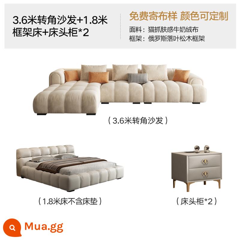 Kem Pháp phong cách ánh sáng sang trọng công nghệ vải sofa phòng khách ghế dài góc vuông cao su Ý tối giản đám mây - Sofa góc 3,6m + giường khung 1,8m + bàn cạnh giường ngủ * 2