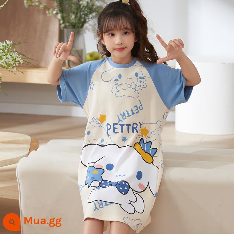 Váy ngủ cotton nguyên chất phong cách mùa hè quế chó công chúa bé gái lớn bé trai bé gái đồ ngủ ngắn tay mùa hè phục vụ tại nhà - QD-22615 Ngọc Chó tay xanh (váy ngủ cotton ngắn tay)