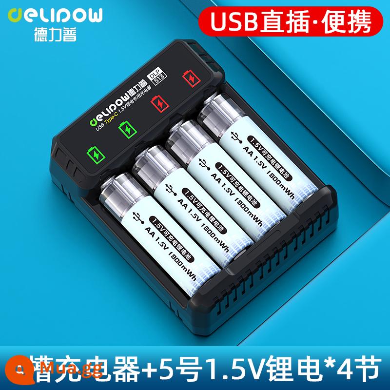 Delipu số 5 pin sạc lithium aa dung lượng lớn USB sạc nhanh 1.5v máy đo huyết áp khóa cửa tay cầm chuột chuyên dụng - Bộ sạc đèn xoay 4 khe + Số 5 * 4 phần [Cắm trực tiếp USB/sạc kép]