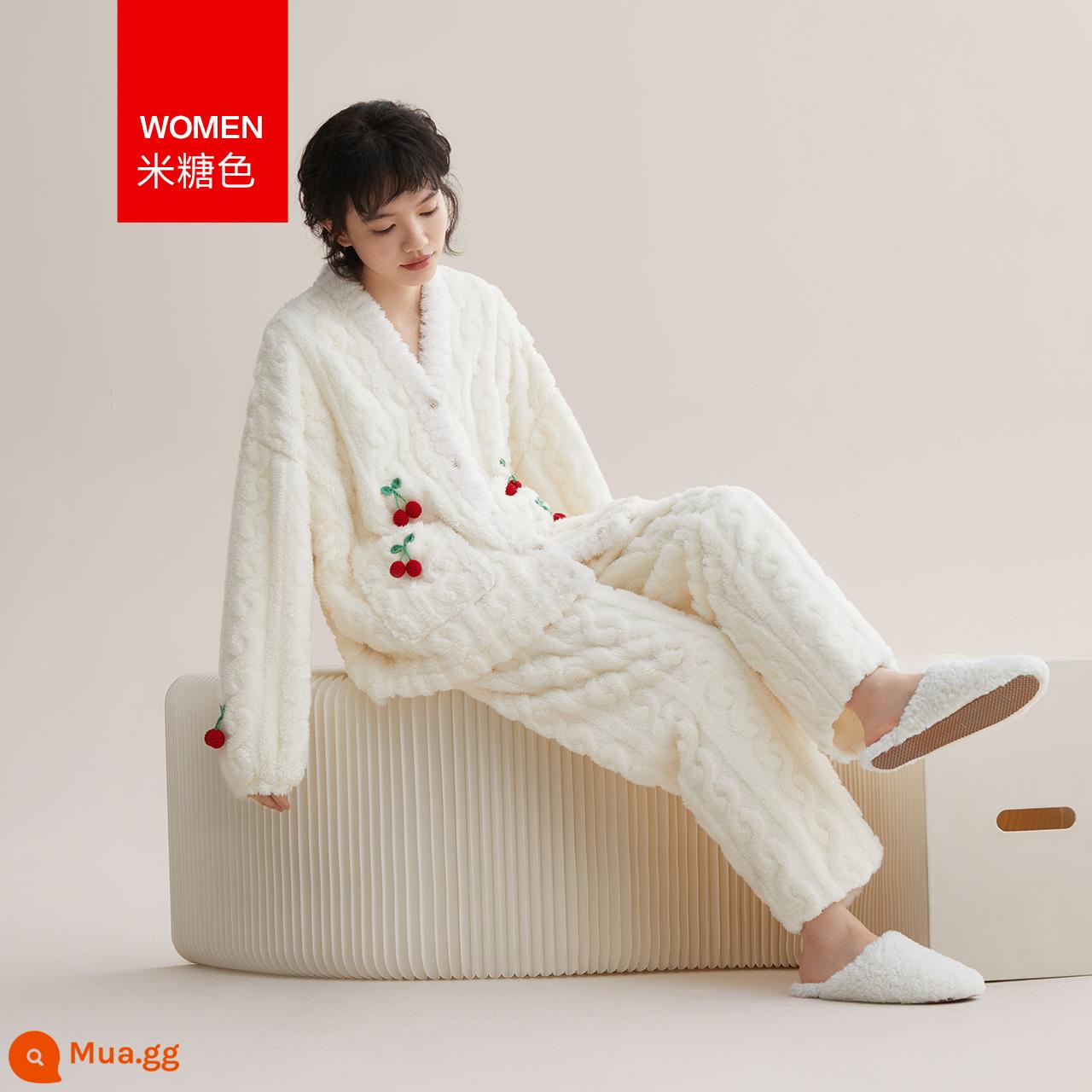 Cô Red Bean Cherry Pyjamas Coral Fleece Winter Wearable Dễ thương Sweet Girls Cardigan Homewear Set - Màu đường gạo