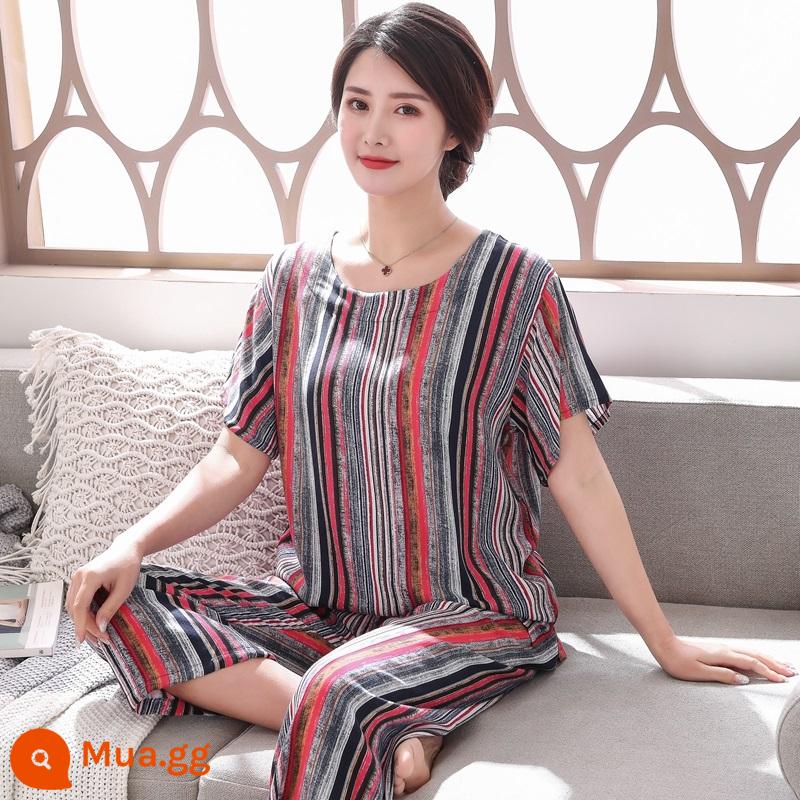 Bộ đồ ngủ bằng cotton cho người trung niên và người cao tuổi Bộ quần áo ngắn tay bằng cotton lụa mùa hè của phụ nữ cotton lụa cho mẹ quần áo mặc ở nhà cỡ lớn - Bộ đồ sọc nhỏ sành điệu